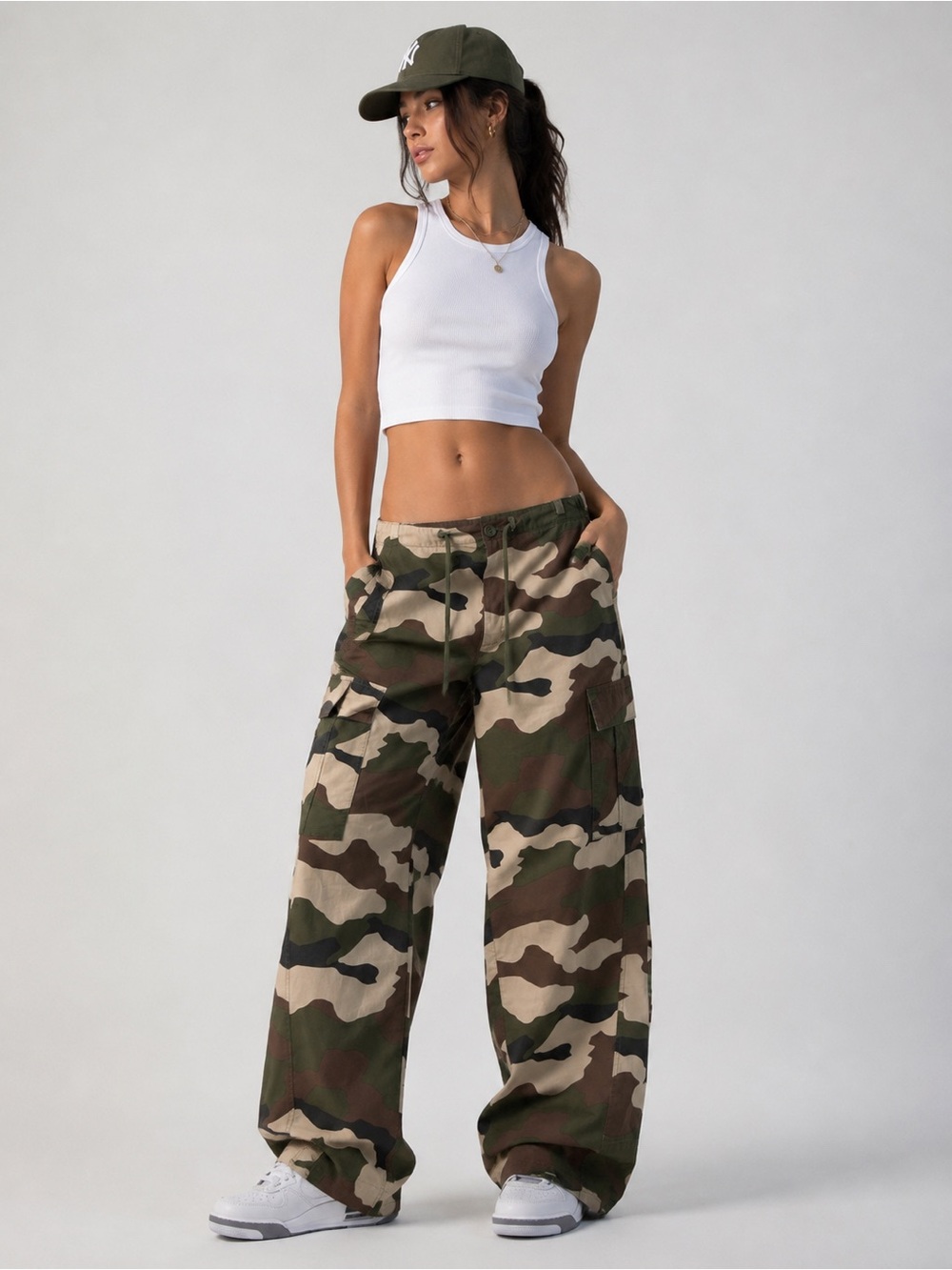 Good American Olive Camouflage Wide-Leg Cargo Pants